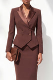 Coffee Peak Lapel 2 Piece Double Breasted Pencil Midi Work Dress with Slit