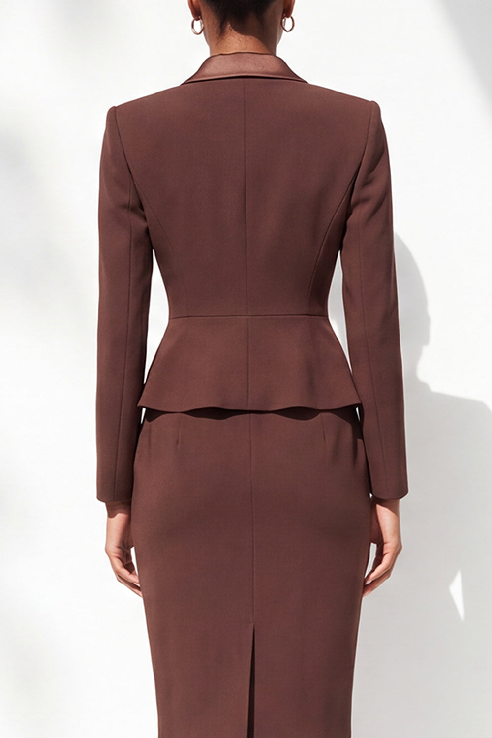 Coffee Peak Lapel 2 Piece Double Breasted Pencil Midi Work Dress with Slit