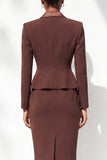 Coffee Peak Lapel 2 Piece Double Breasted Pencil Midi Work Dress with Slit