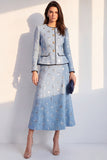 Sparkly Blue Round Neck 2 Piece Sequins A Line Tweed Single Breasted Midi Work Dress
