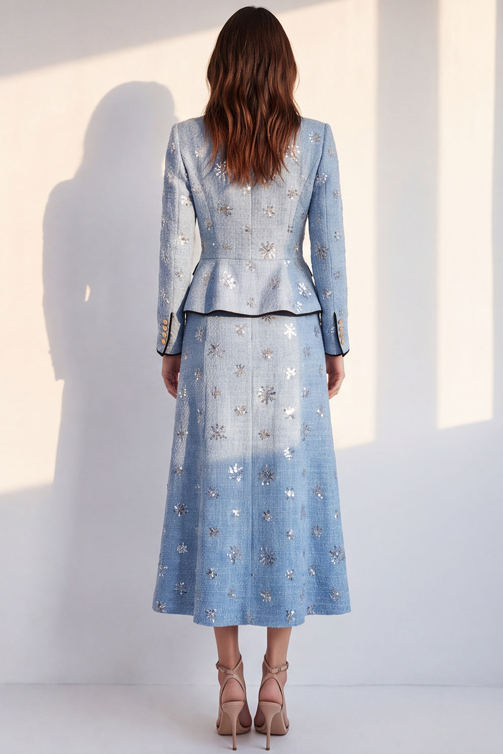 Sparkly Blue Round Neck 2 Piece Sequins A Line Tweed Single Breasted Midi Work Dress