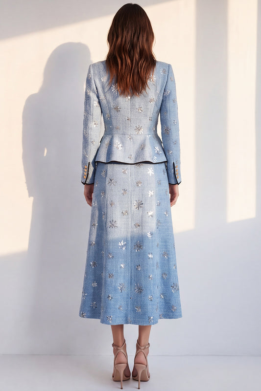 Sparkly Blue Round Neck 2 Piece Sequins A Line Tweed Single Breasted Midi Work Dress