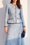 Sparkly Blue Round Neck 2 Piece Sequins A Line Tweed Single Breasted Midi Work Dress