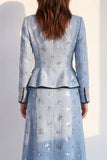 Sparkly Blue Round Neck 2 Piece Sequins A Line Tweed Single Breasted Midi Work Dress