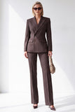 Coffee Peak Lapel 2 Piece Striped Double Breasted Work Suits