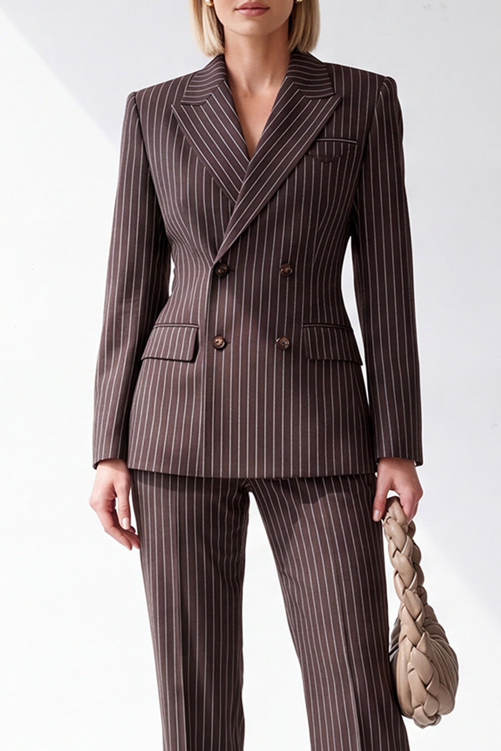 Coffee Peak Lapel 2 Piece Striped Double Breasted Work Suits