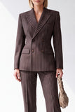 Coffee Peak Lapel 2 Piece Striped Double Breasted Work Suits