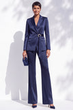 Navy Satin 2 Piece Notched Lapel Beaded Work Suits with Sash