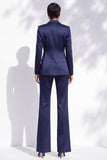 Navy Satin 2 Piece Notched Lapel Beaded Work Suits with Sash