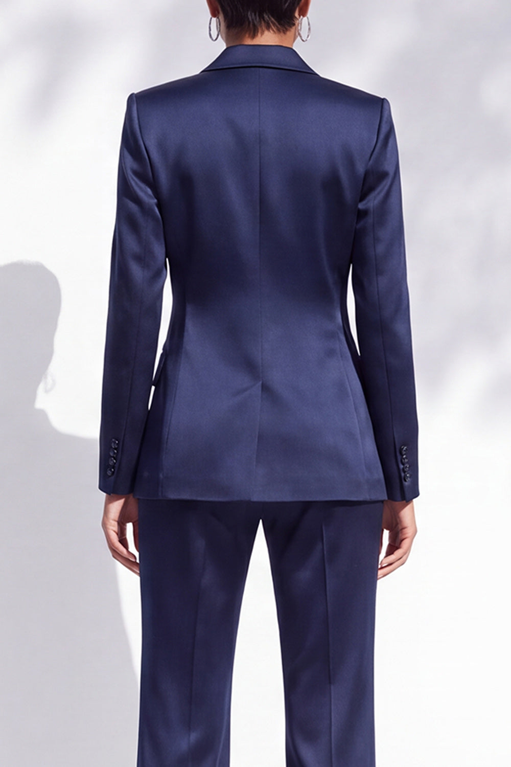 Navy Satin 2 Piece Notched Lapel Beaded Work Suits with Sash