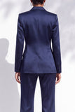 Navy Satin 2 Piece Notched Lapel Beaded Work Suits with Sash