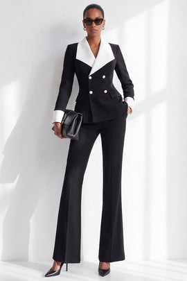 Black White 2 Piece Shawl Lapel Double Breasted Work Suits with Pocket