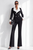 Black White 2 Piece Shawl Lapel Double Breasted Work Suits with Pocket