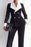 Black White 2 Piece Shawl Lapel Double Breasted Work Suits with Pocket