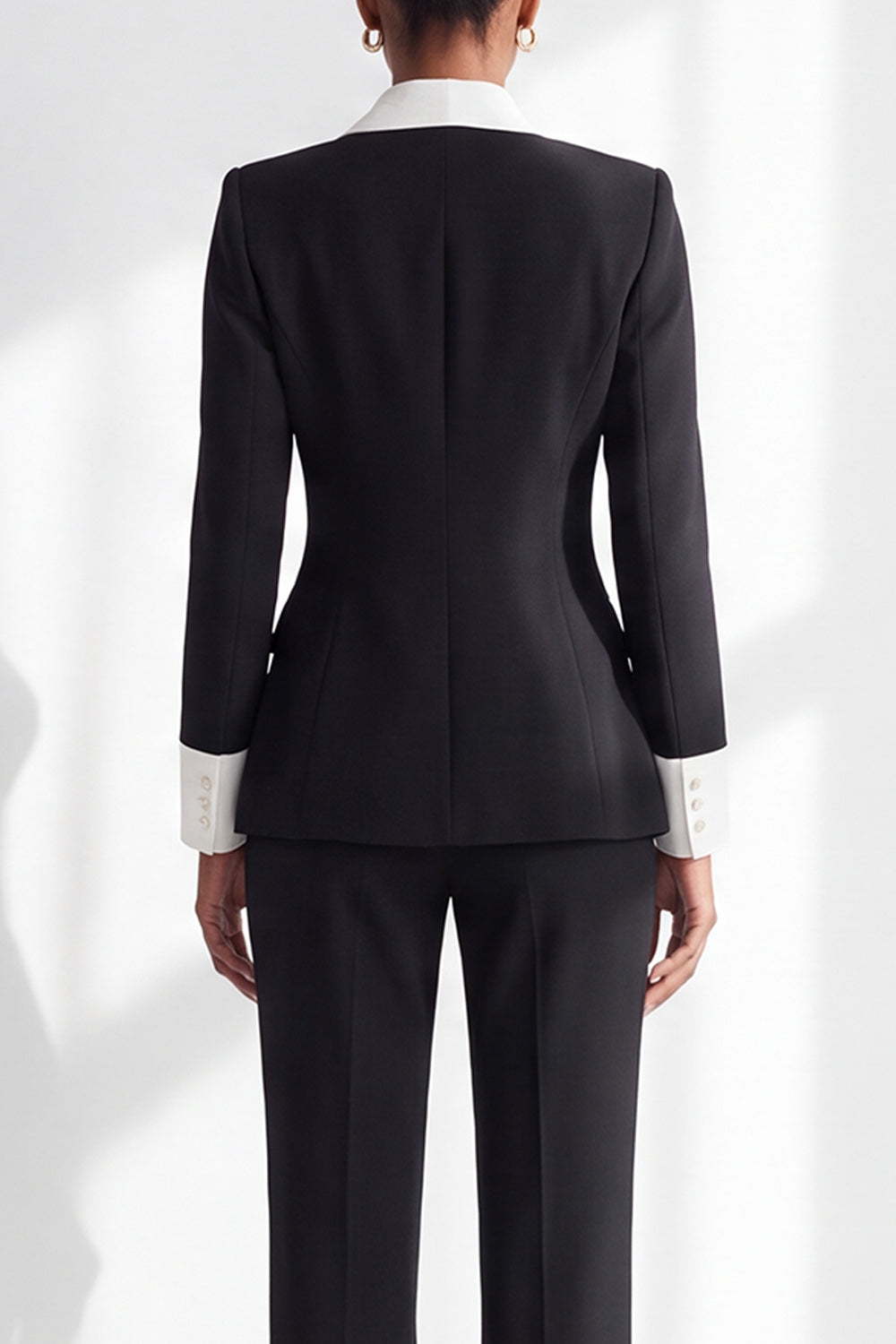 Black White 2 Piece Shawl Lapel Double Breasted Work Suits with Pocket