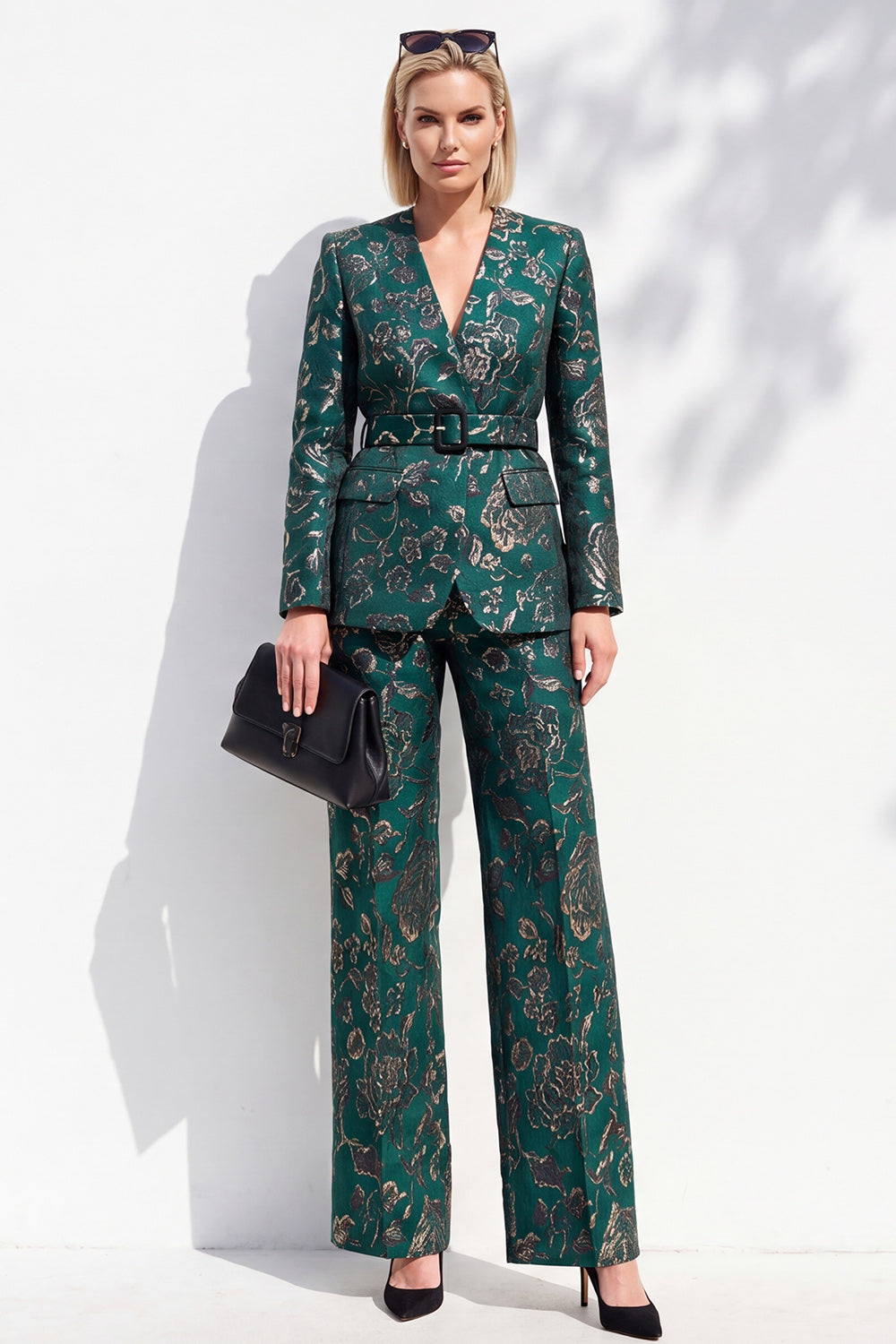 Dark Green Jacquard 2 Piece V-Neck Prom Suits with Belt
