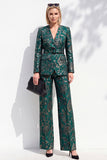 Dark Green Jacquard 2 Piece V-Neck Prom Suits with Belt