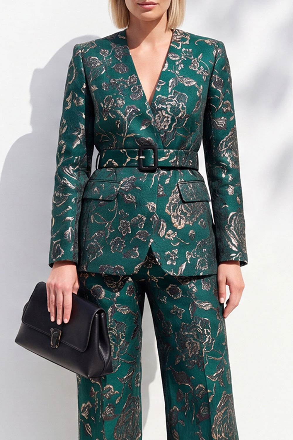Dark Green Jacquard 2 Piece V-Neck Prom Suits with Belt