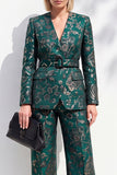 Dark Green Jacquard 2 Piece V-Neck Prom Suits with Belt