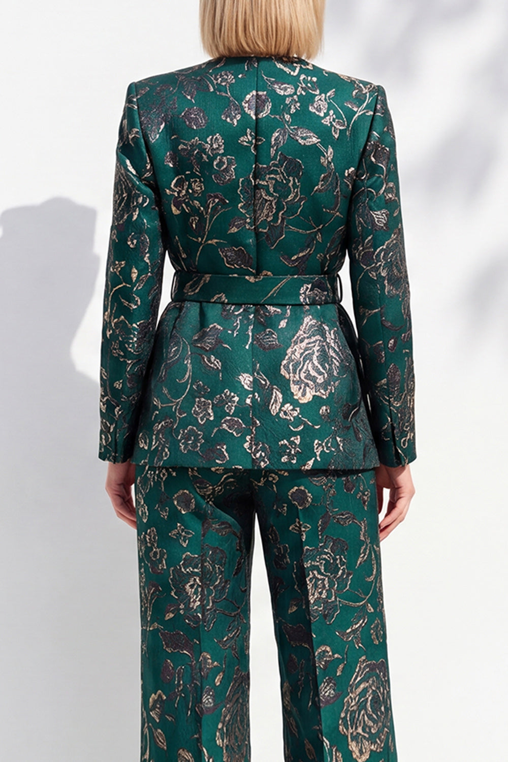 Dark Green Jacquard 2 Piece V-Neck Prom Suits with Belt