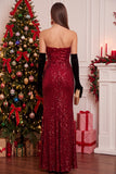 Sparkly Red Sequin Sweetheart Ruched Long Holiday Party Dress with Slit