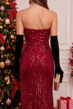 Sparkly Red Sequin Sweetheart Ruched Long Holiday Party Dress with Slit