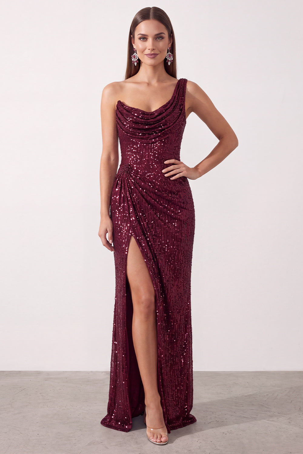 Sparkly Sequin Ruched Burgundy One Shoulder Long Holiday Party Dress with Slit