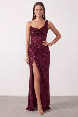 Sparkly Sequin Ruched Burgundy One Shoulder Long Holiday Party Dress with Slit