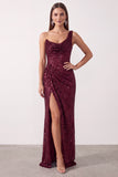 Sparkly Sequin Ruched Burgundy One Shoulder Long Holiday Party Dress with Slit