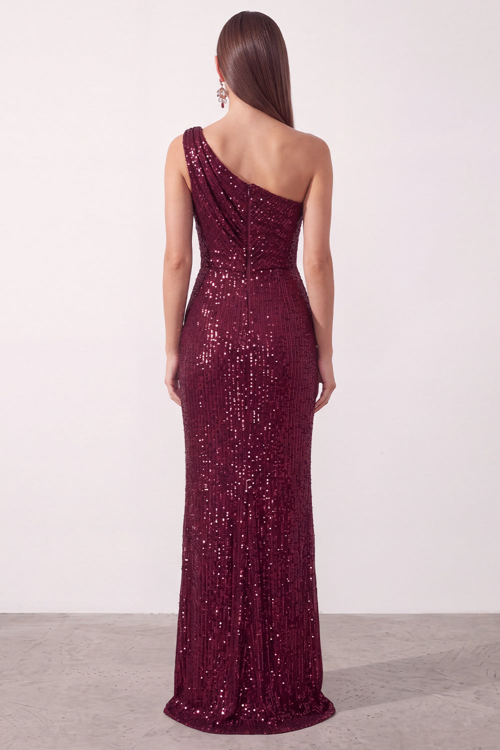 Sparkly Sequin Ruched Burgundy One Shoulder Long Holiday Party Dress with Slit
