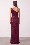 Sparkly Sequin Ruched Burgundy One Shoulder Long Holiday Party Dress with Slit