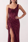 Sparkly Sequin Ruched Burgundy One Shoulder Long Holiday Party Dress with Slit