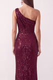 Sparkly Sequin Ruched Burgundy One Shoulder Long Holiday Party Dress with Slit