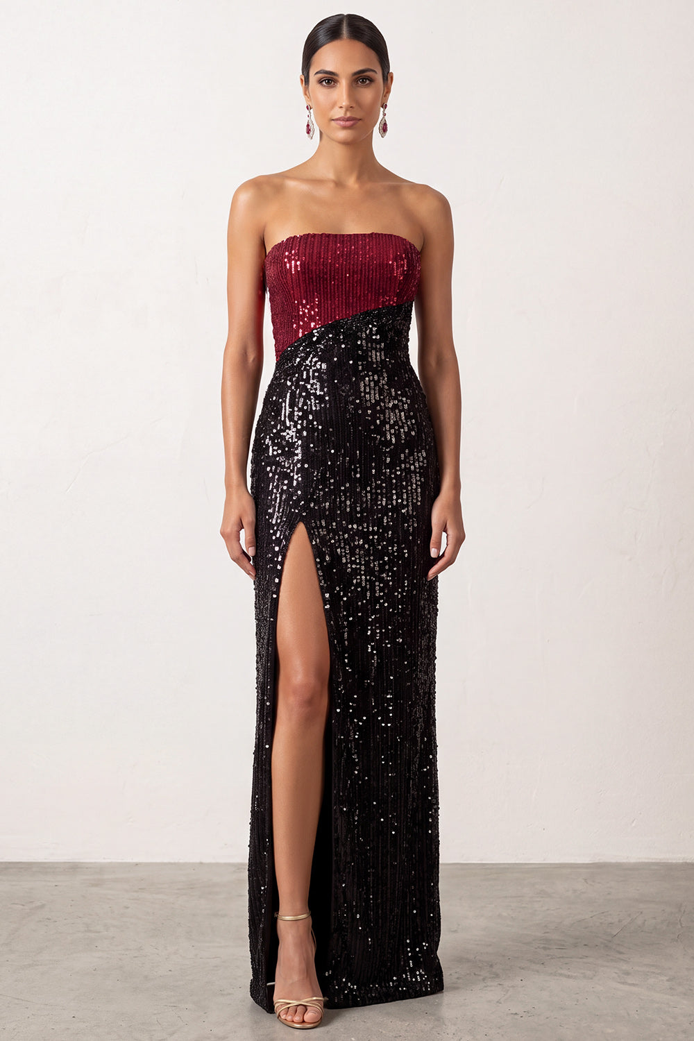 Sheath Strapless Sparkly Sequin Black Red Long Holiday Party Dress with Slit