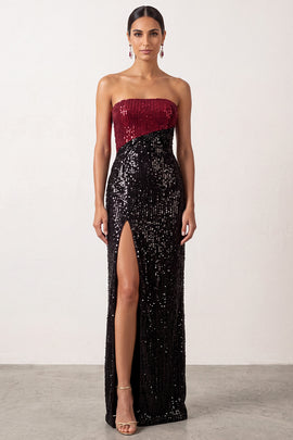 Sheath Strapless Sparkly Sequin Black Red Long Holiday Party Dress with Slit