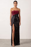 Sheath Strapless Sparkly Sequin Black Red Long Holiday Party Dress with Slit