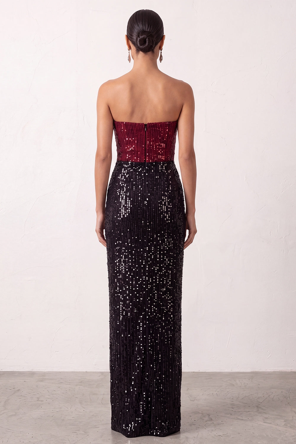 Sheath Strapless Sparkly Sequin Black Red Long Holiday Party Dress with Slit