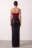 Sheath Strapless Sparkly Sequin Black Red Long Holiday Party Dress with Slit