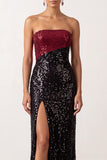 Sheath Strapless Sparkly Sequin Black Red Long Holiday Party Dress with Slit