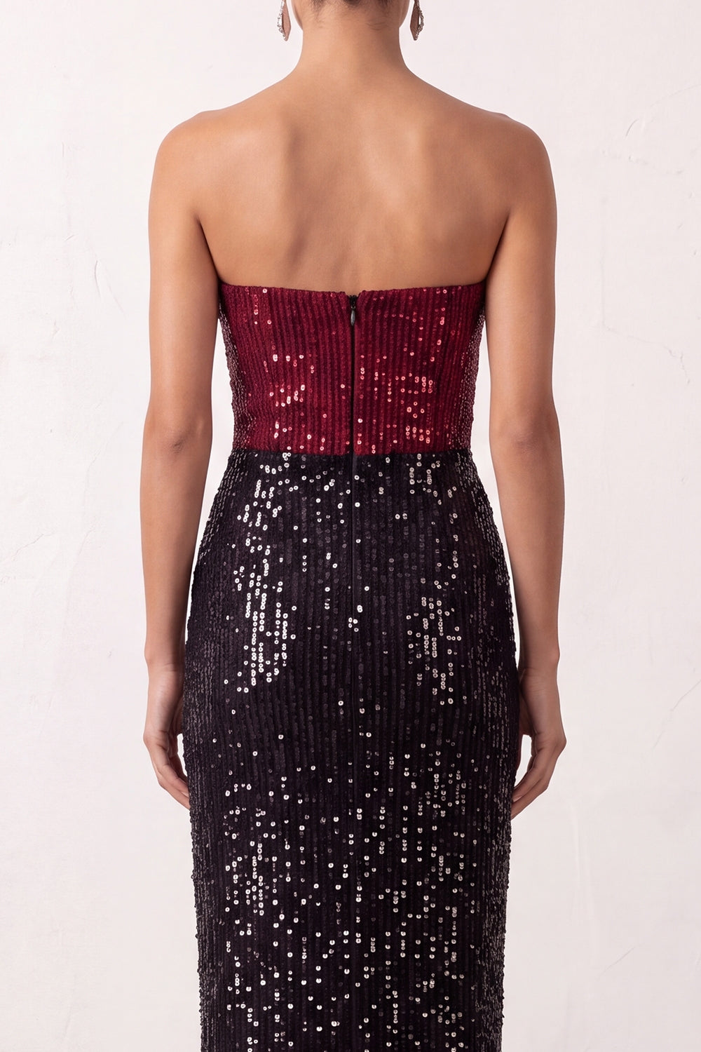Sheath Strapless Sparkly Sequin Black Red Long Holiday Party Dress with Slit
