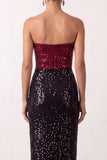 Sheath Strapless Sparkly Sequin Black Red Long Holiday Party Dress with Slit