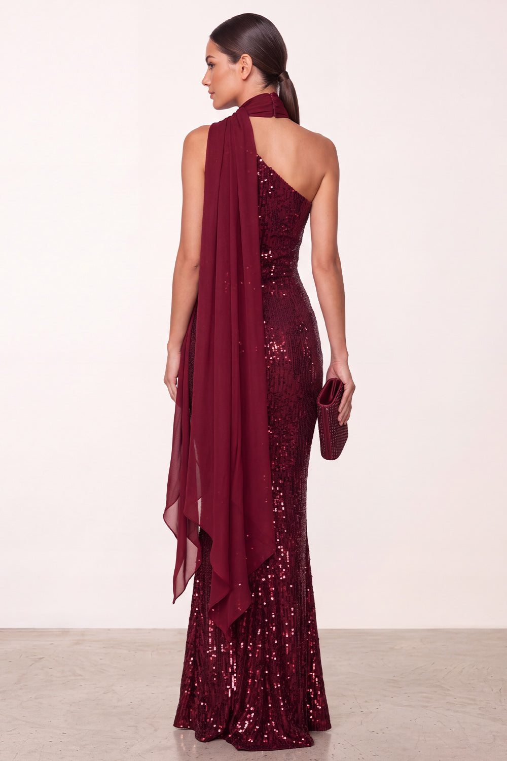 Sparkly Burgundy Sequin Mermaid Long Holiday Party Dress with Neck Scarf
