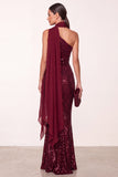 Sparkly Burgundy Sequin Mermaid Long Holiday Party Dress with Neck Scarf