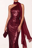 Sparkly Burgundy Sequin Mermaid Long Holiday Party Dress with Neck Scarf