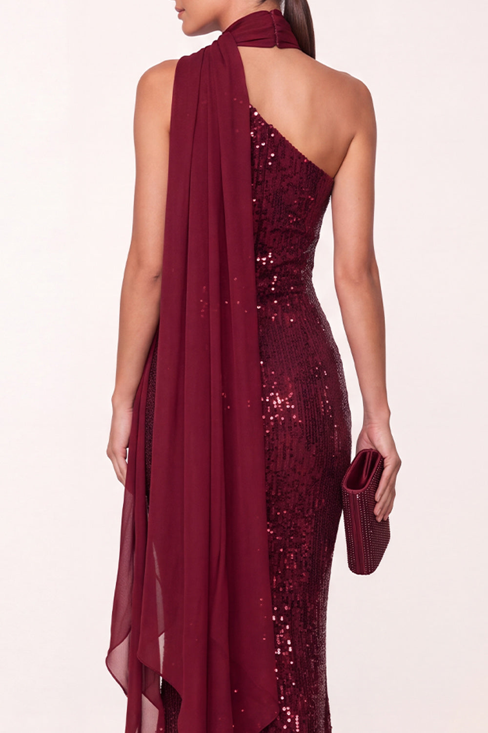 Sparkly Burgundy Sequin Mermaid Long Holiday Party Dress with Neck Scarf