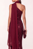 Sparkly Burgundy Sequin Mermaid Long Holiday Party Dress with Neck Scarf