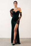Mermaid Sweetheart Dark Green Velvet Long Holiday Party Dress with Slit