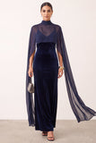 Sheath High Neck Navy Velvet Maxi Holiday Party Dress with Cape