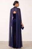 Sheath High Neck Navy Velvet Maxi Holiday Party Dress with Cape