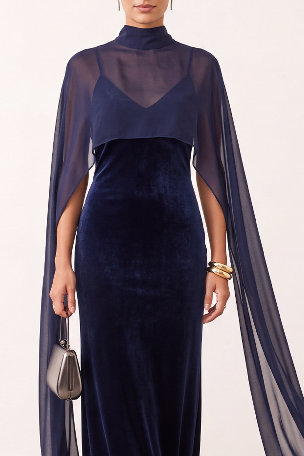 Sheath High Neck Navy Velvet Maxi Holiday Party Dress with Cape